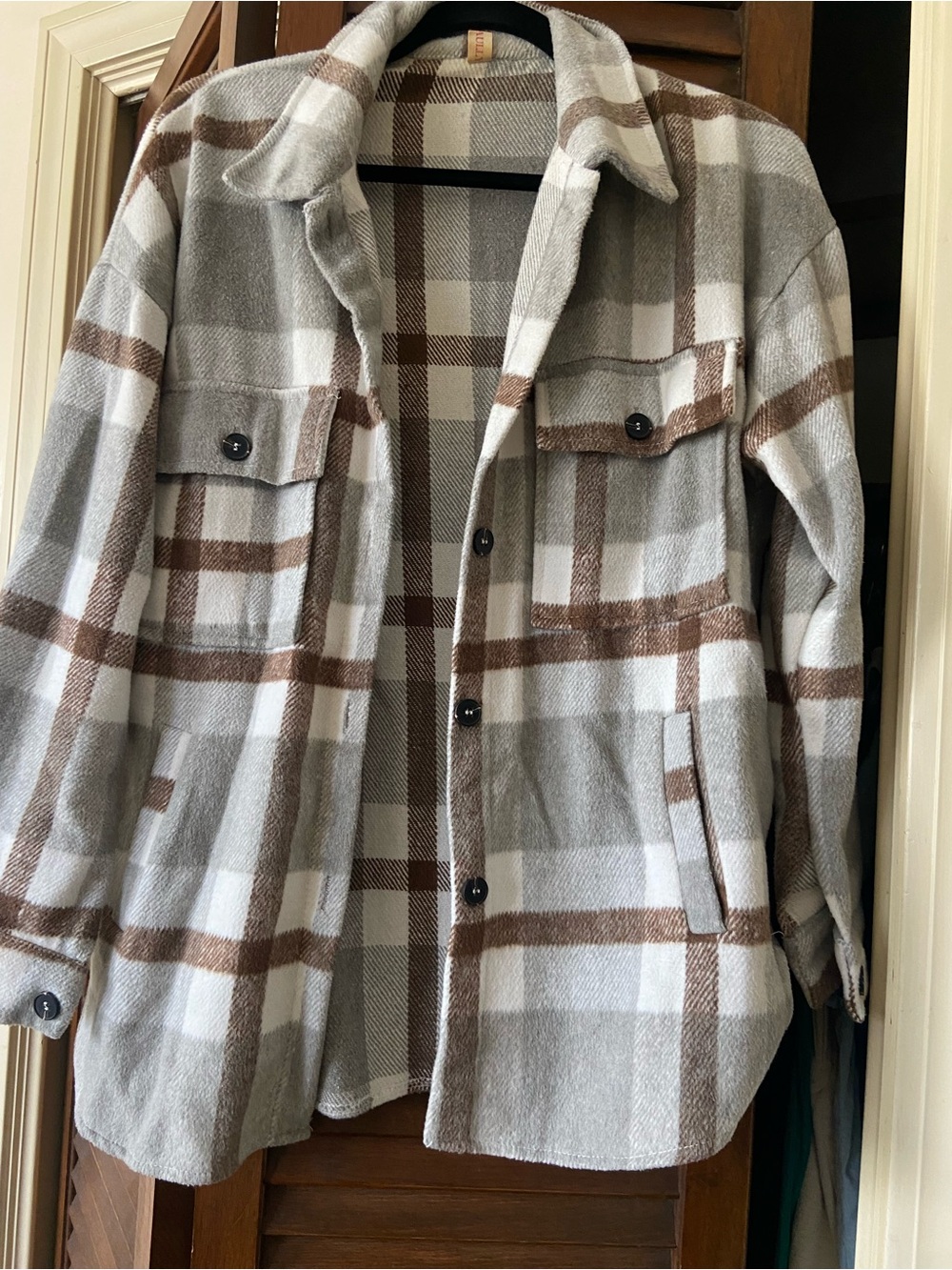 Plaid Button-Up Shacket Jacket - Gray & Brown